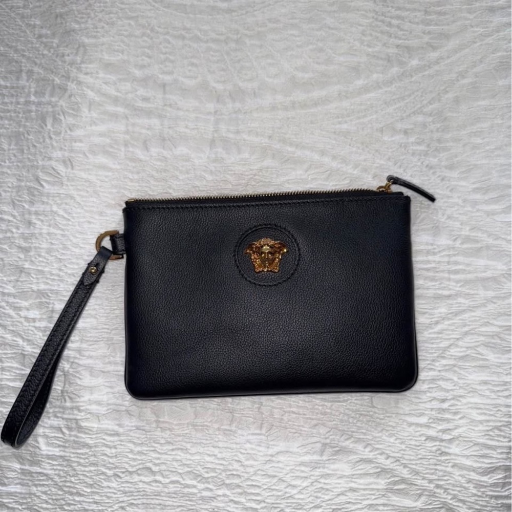 Versace Leather Wristlet with Gold Medusa Logo